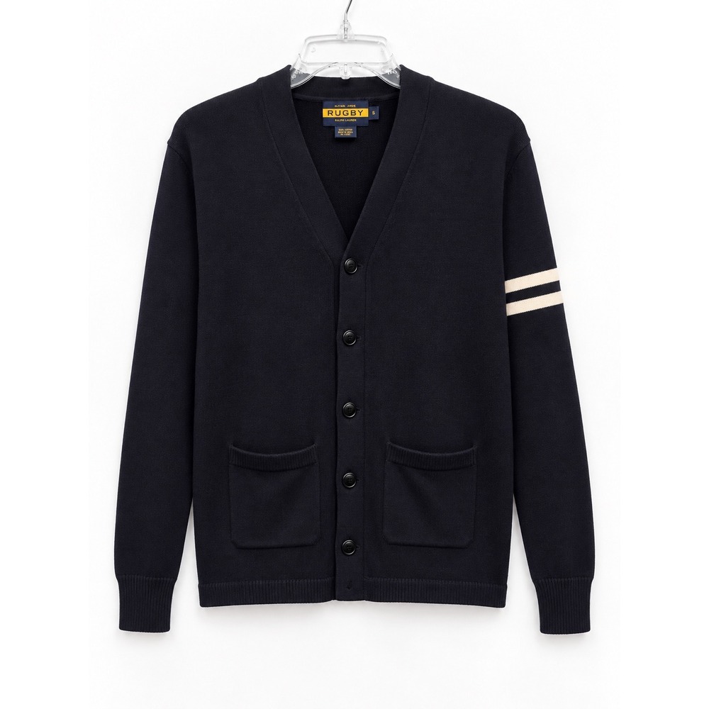 Rugby Ralph Lauren Cardigan Sweater Mens S Navy Blue Suede Elbow Patch Striped